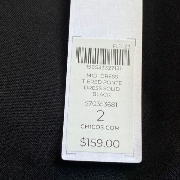 Chicos NWT $159 Midi Dress Tiered Ponte Solid Black All Occasions/ Seasons Sz 12 - Picture 11 of 13